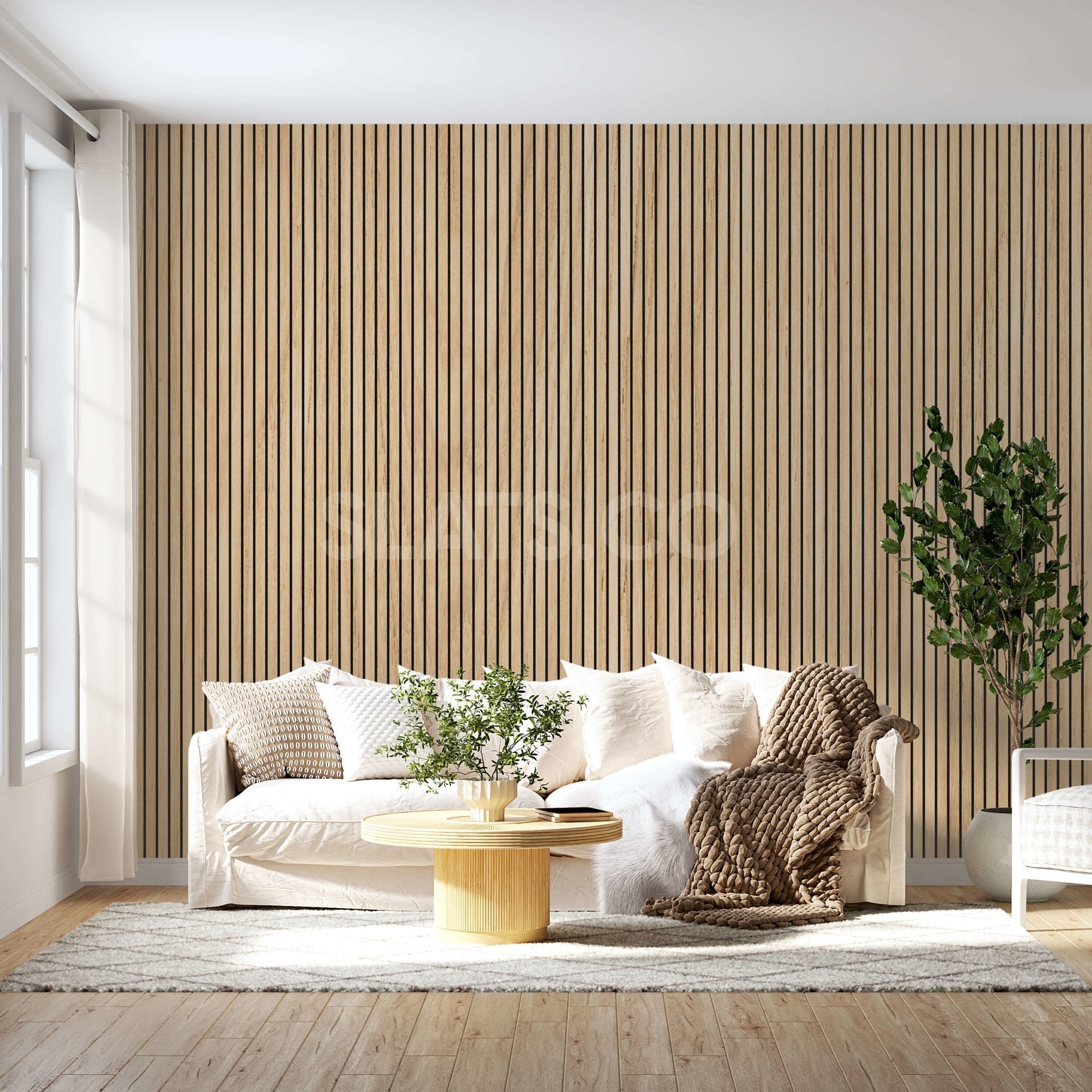 118" Tall ULTRALIGHT Flexible Lightweight White Oak Acoustic Wood Slat Wall Panels with Black Felt Backing