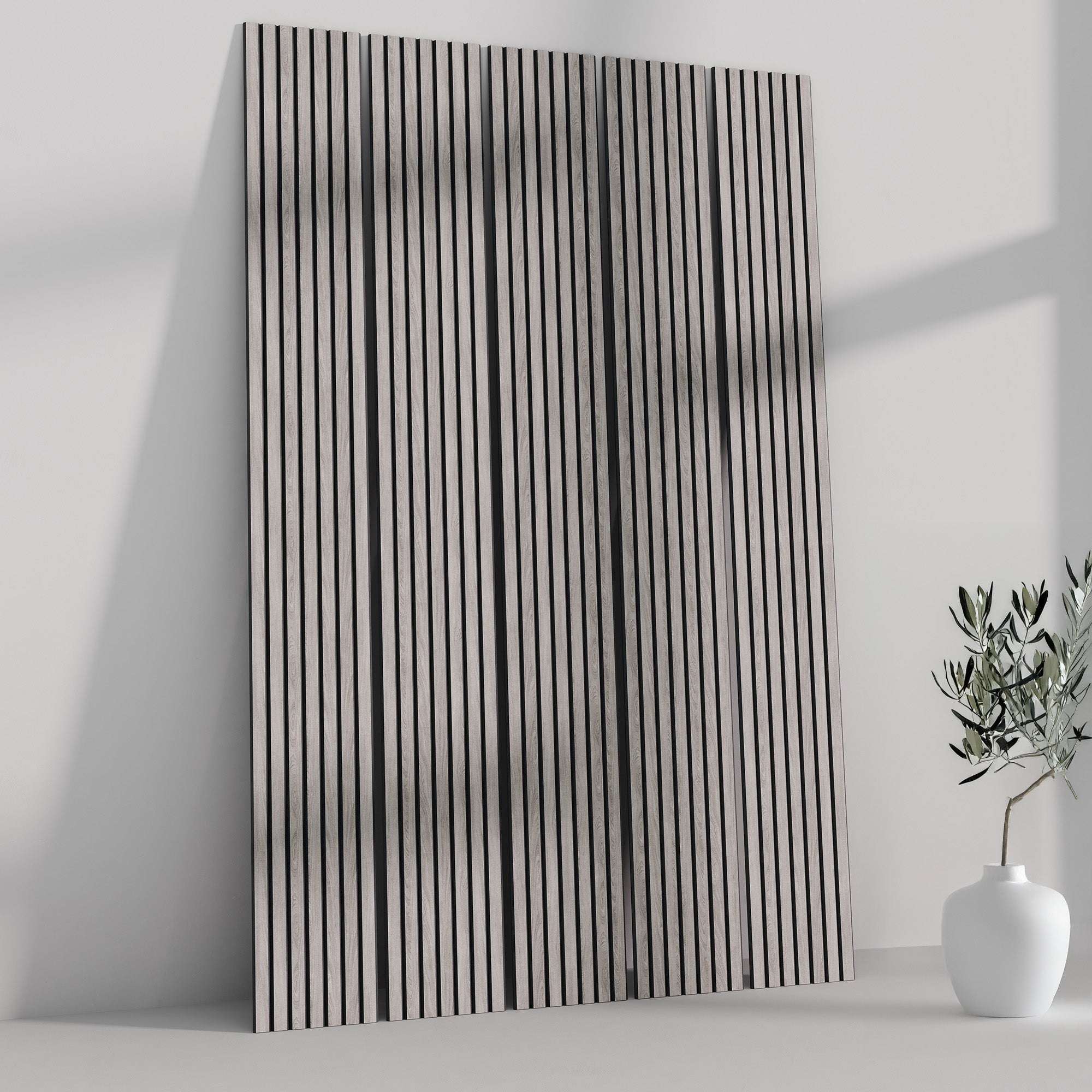 118" Tall ULTRALIGHT Flexible Lightweight Grey Oak Acoustic Wood Slat Wall Panels with Black Felt Backing