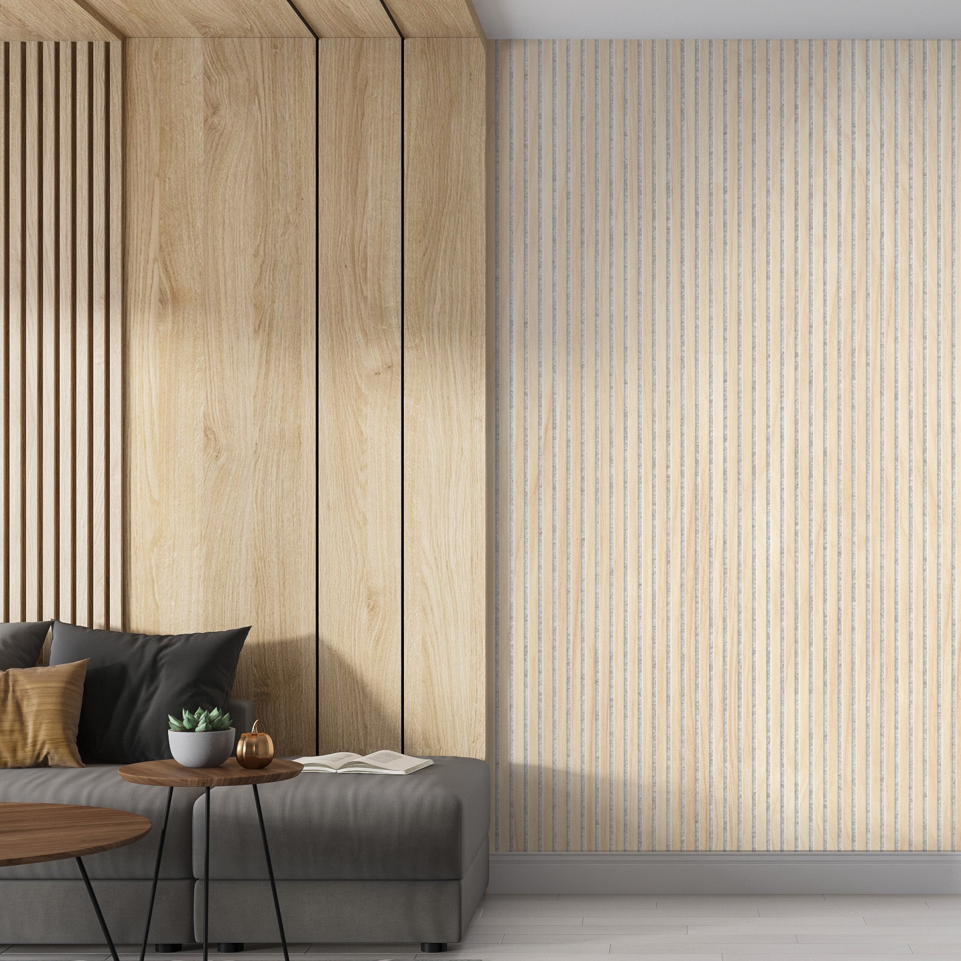 ULTRALIGHT Flexible Lightweight White Oak Acoustic Wood Slat Wall Panels with Grey Felt Backing