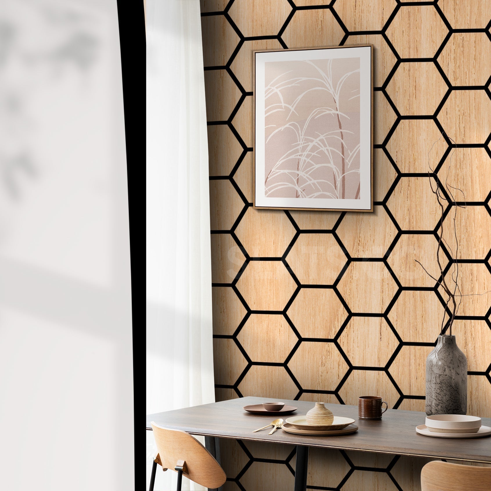 White Oak Acoustic Hexagon Wood Panel with Black Felt Backing