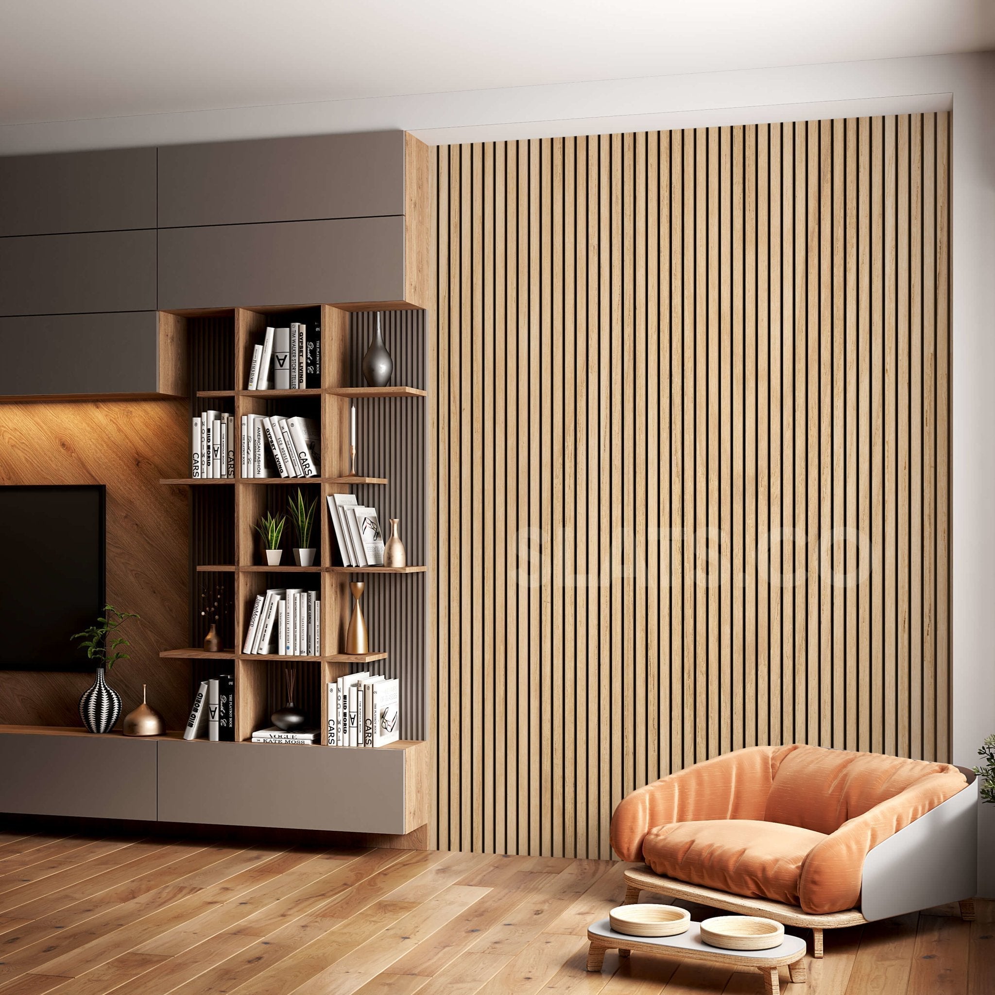 White Oak Acoustic Wood Slat Wall Tiles with Black Felt Backing